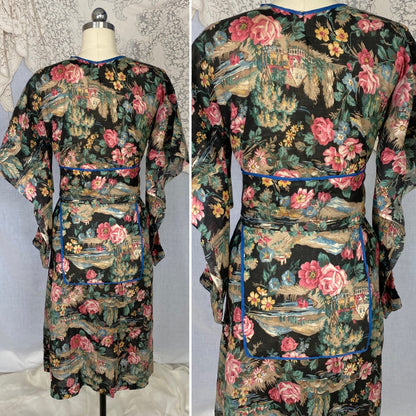 Antique Victorian 1900's Kimono Style Robe | Black with Bright Floral Scenic Print Cotton | Size XS - Daggers & Dames