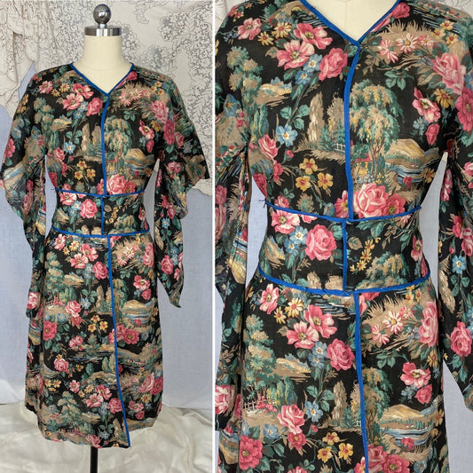 Antique Victorian 1900's Kimono Style Robe | Black with Bright Floral Scenic Print Cotton | Size XS - Daggers & Dames