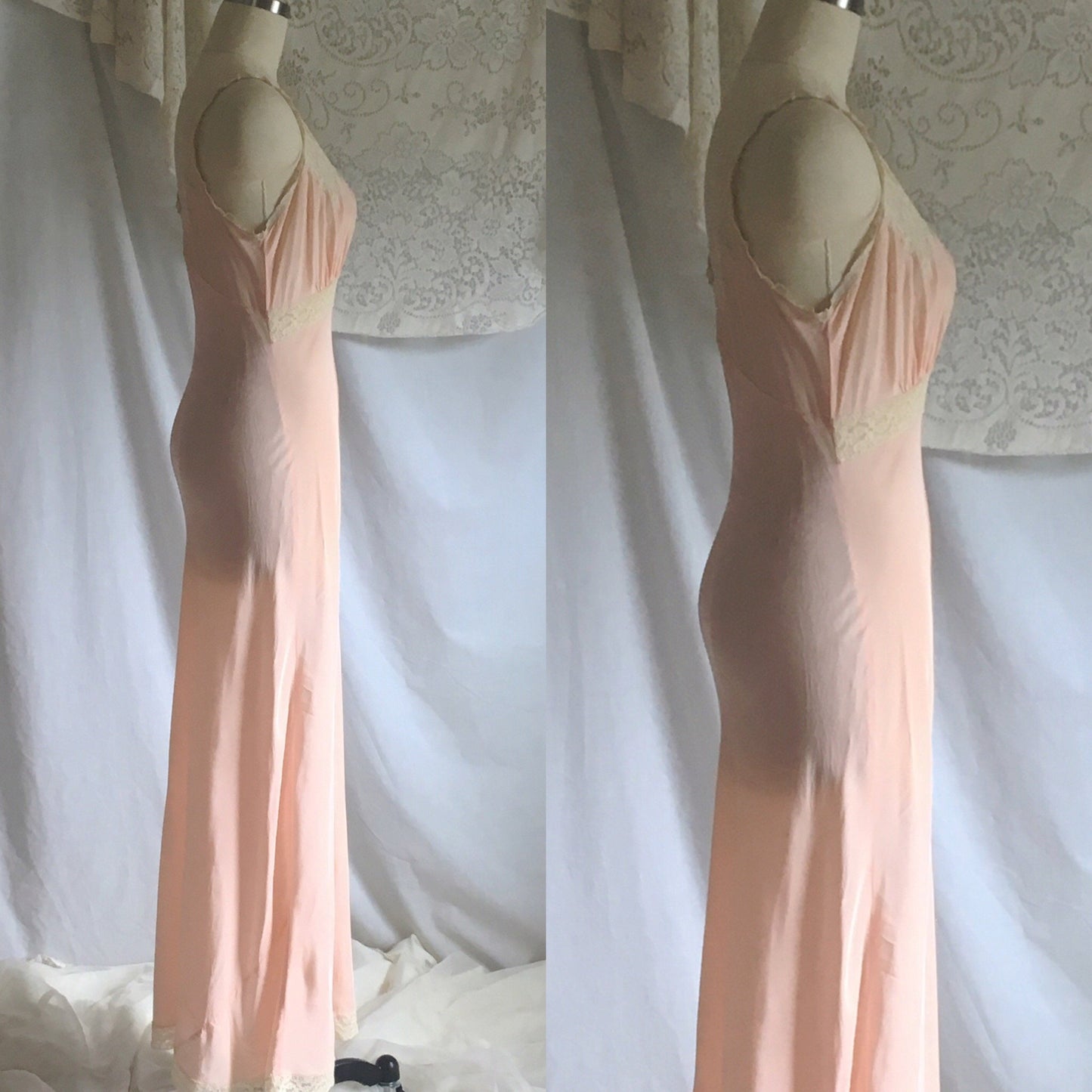 Vintage 1940&#39;s Nightgown | Pale Pink Rayon with Lace & Bias Cut | Size S, M