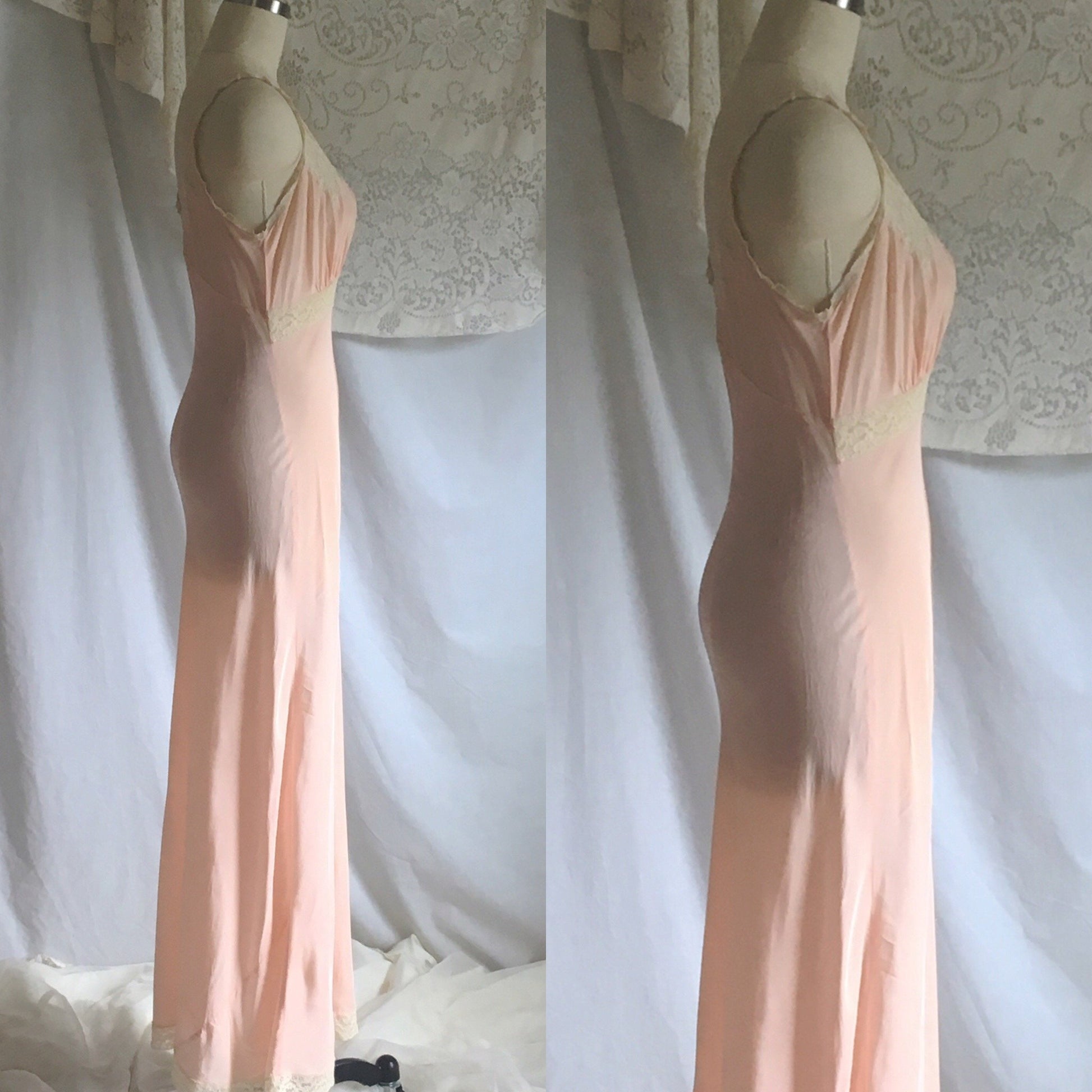 Vintage 1940&#39;s Nightgown | Pale Pink Rayon with Lace & Bias Cut | Size S, M