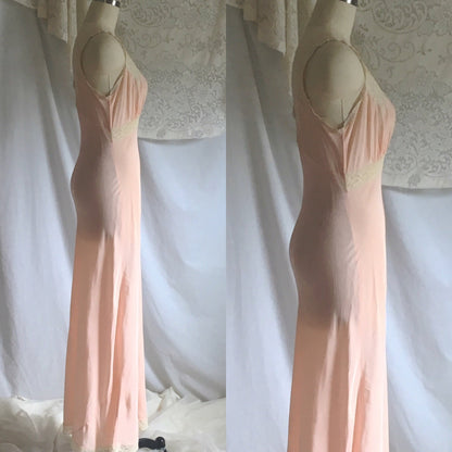 Vintage 1940&#39;s Nightgown | Pale Pink Rayon with Lace & Bias Cut | Size S, M