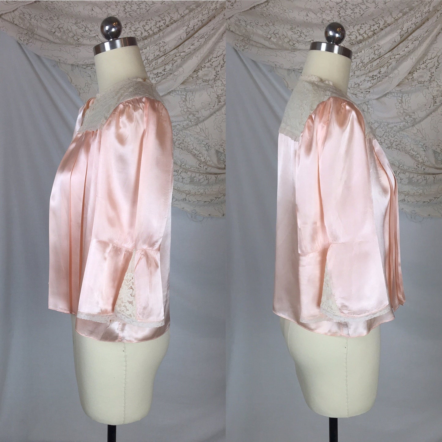 VIntage 1940&#39;s Bed Jacket | Rosy Pink Rayon Satin with Lace &  Pleated Bodice | Size SM, MED, LG