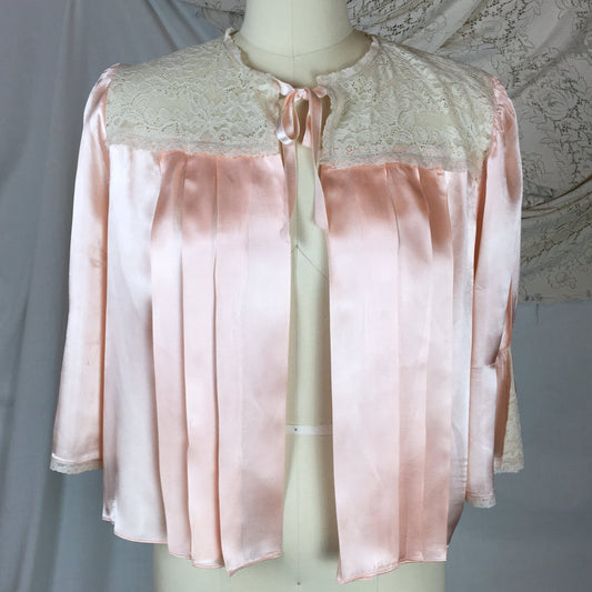 VIntage 1940&#39;s Bed Jacket | Rosy Pink Rayon Satin with Lace &  Pleated Bodice | Size SM, MED, LG