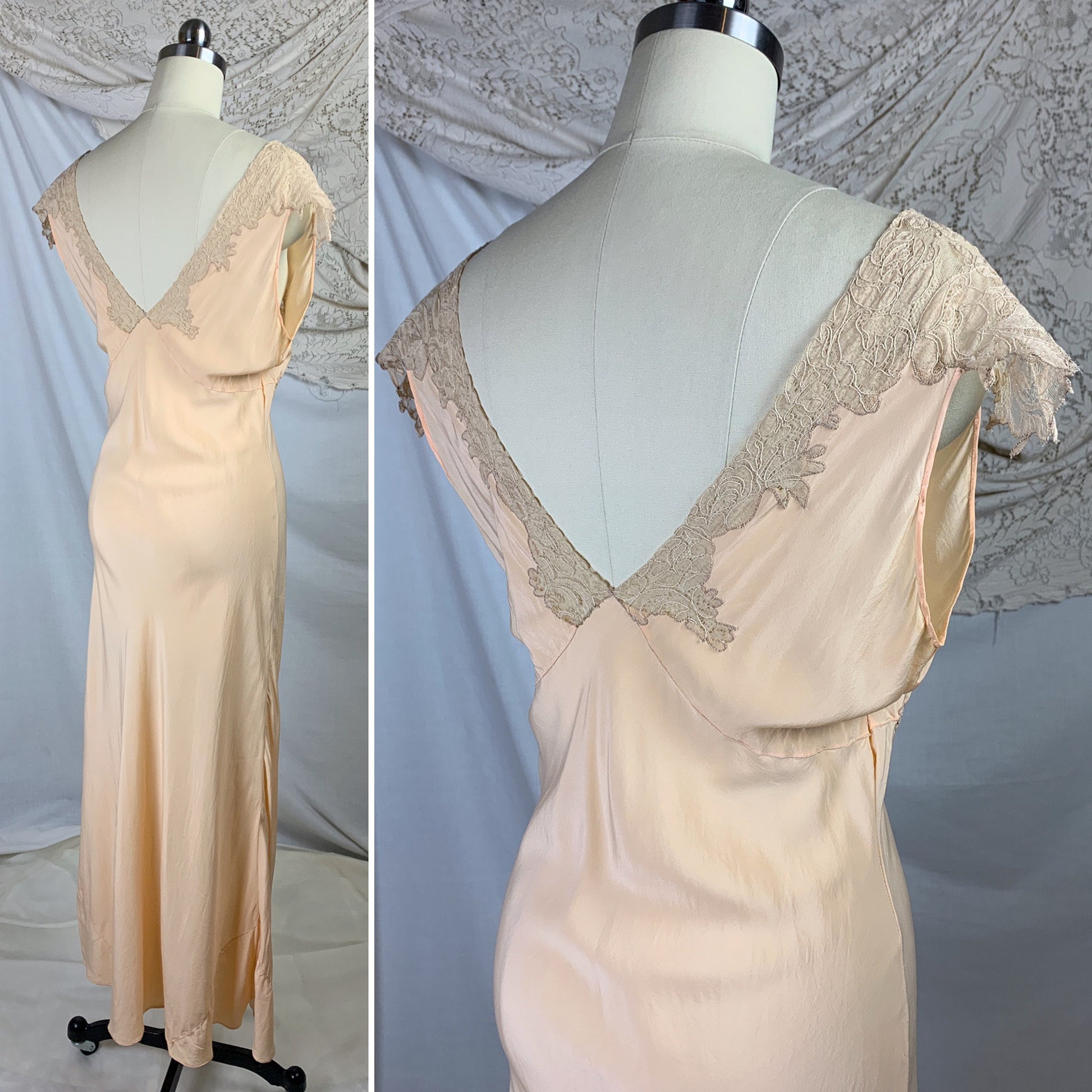 Vintage 1930&#39;s Nightgown | Rich Apricot Silk with Taupe Alençon Lace | Size SM, MED