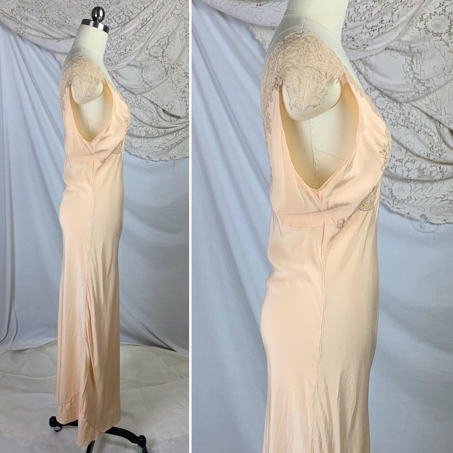 Vintage 1930&#39;s Nightgown | Rich Apricot Silk with Taupe Alençon Lace | Size SM, MED