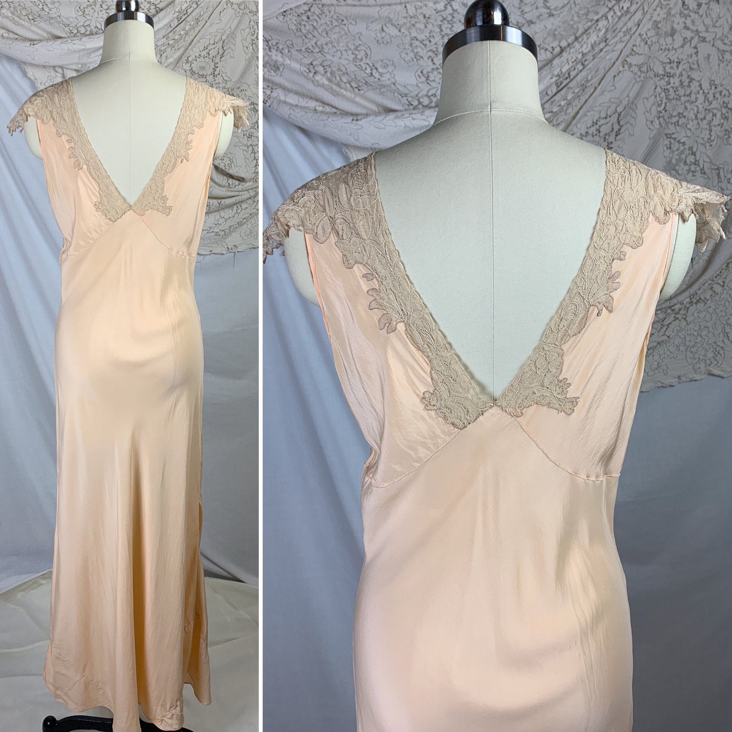 Vintage 1930&#39;s Nightgown | Rich Apricot Silk with Taupe Alençon Lace | Size SM, MED