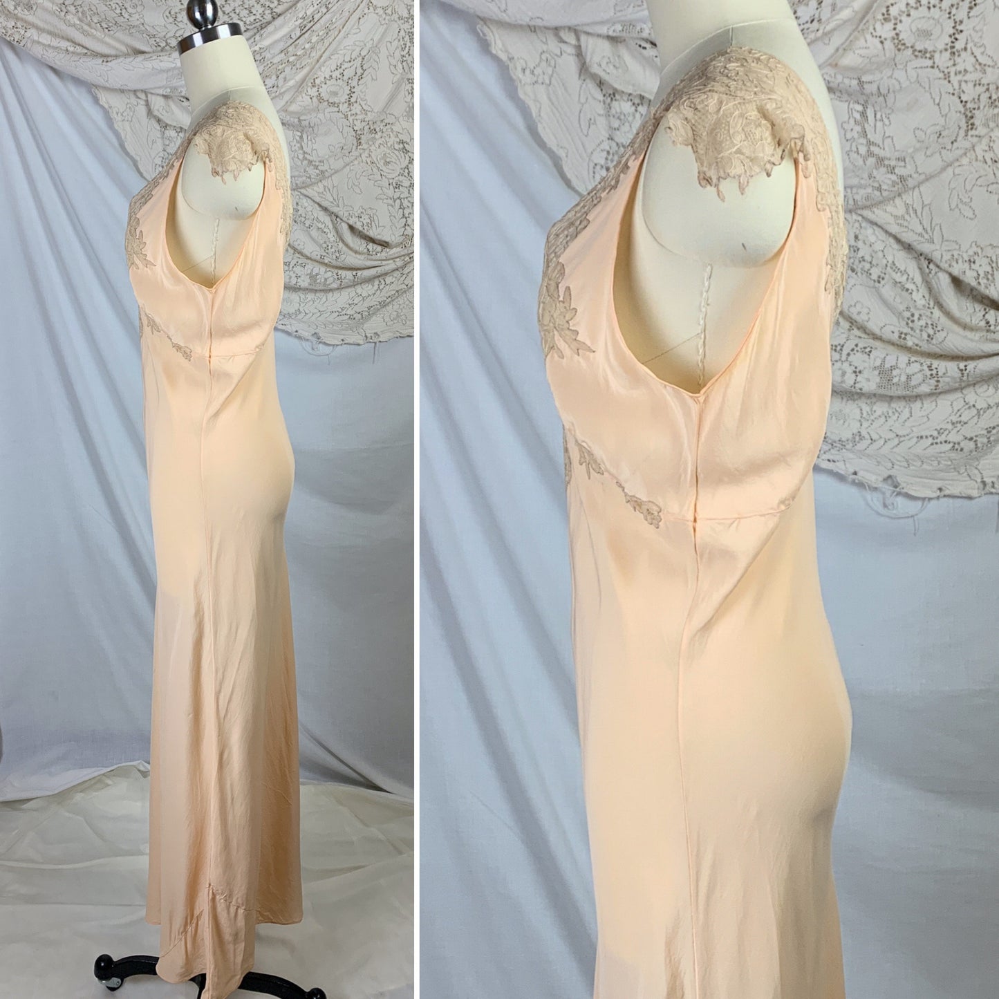 Vintage 1930&#39;s Nightgown | Rich Apricot Silk with Taupe Alençon Lace | Size SM, MED