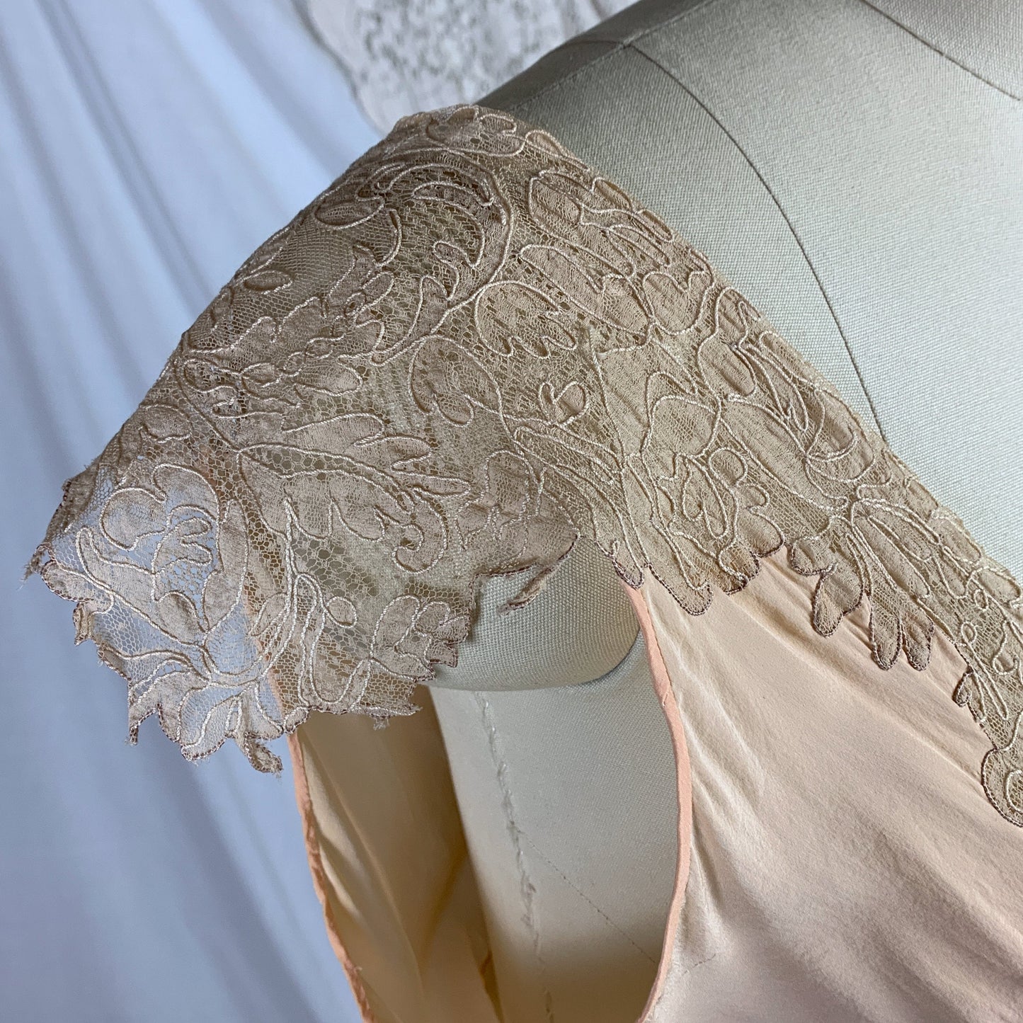 Vintage 1930&#39;s Nightgown | Rich Apricot Silk with Taupe Alençon Lace | Size SM, MED