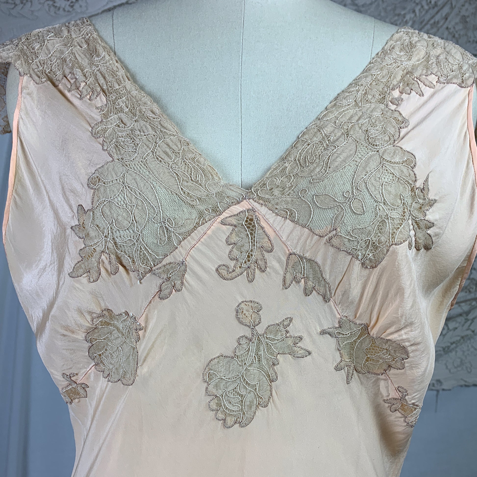 Vintage 1930&#39;s Nightgown | Rich Apricot Silk with Taupe Alençon Lace | Size SM, MED