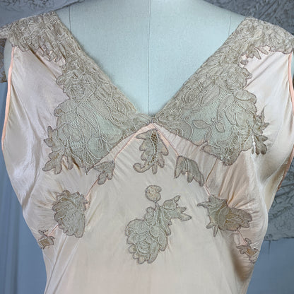 Vintage 1930&#39;s Nightgown | Rich Apricot Silk with Taupe Alençon Lace | Size SM, MED