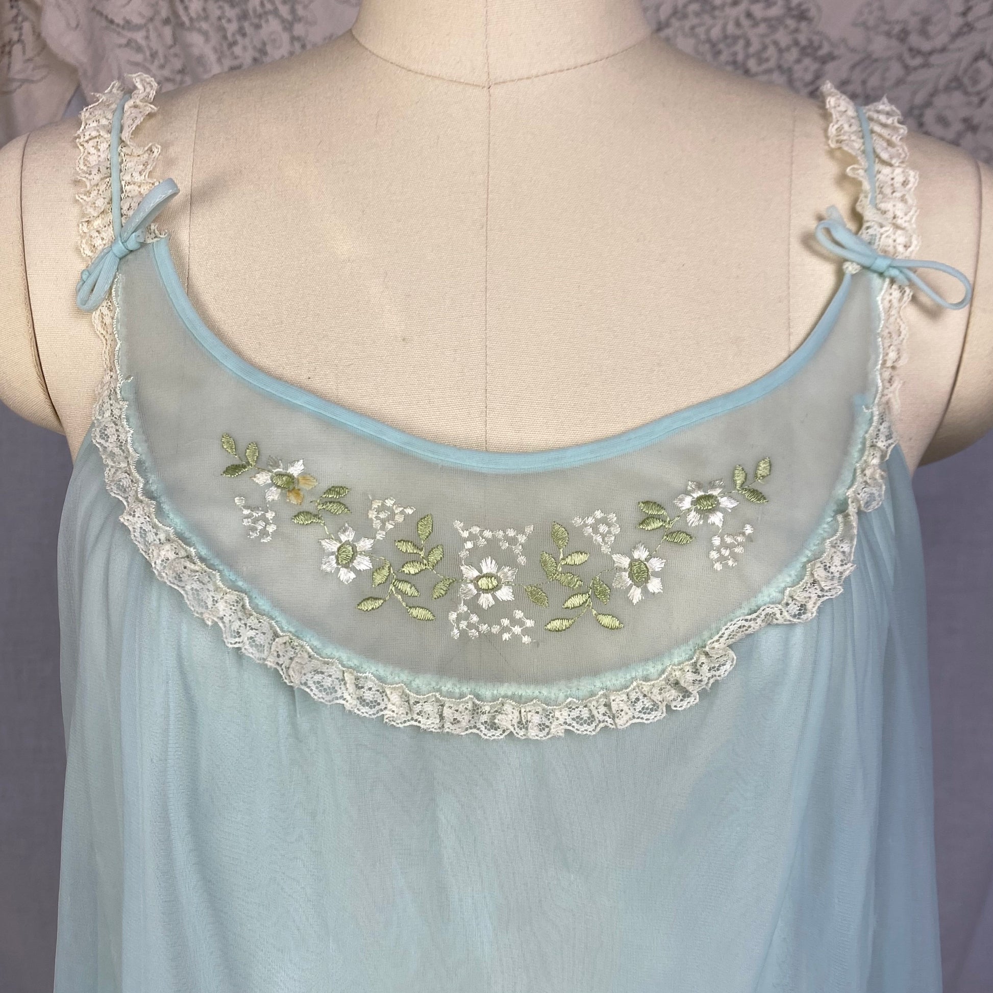 Vintage 1960&#39;s Babydoll Nightgown | Sky Blue Nylon Chiffon with Floral Embroidery & Ruffled Hem | Size XS, S | Kayser