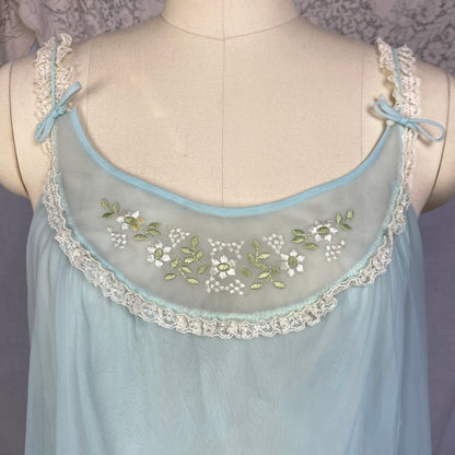 Vintage 1960&#39;s Babydoll Nightgown | Sky Blue Nylon Chiffon with Floral Embroidery & Ruffled Hem | Size XS, S | Kayser