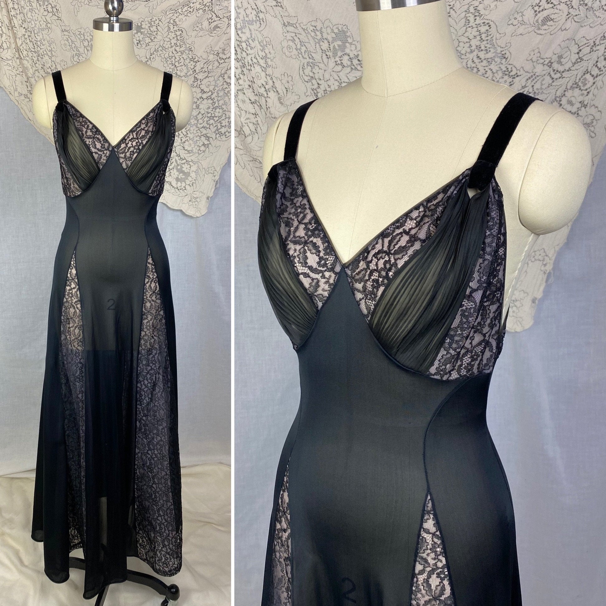 Vintage 1960's Nightgown | Black Nylon with Sheer Lace Illusion Panels over Pink | Size XS, S | Rogers