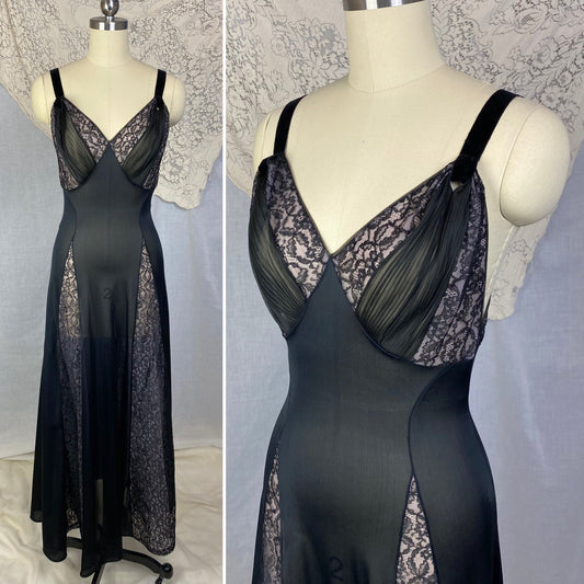 Vintage 1960's Nightgown | Black Nylon with Sheer Lace Illusion Panels over Pink | Size XS, S | Rogers