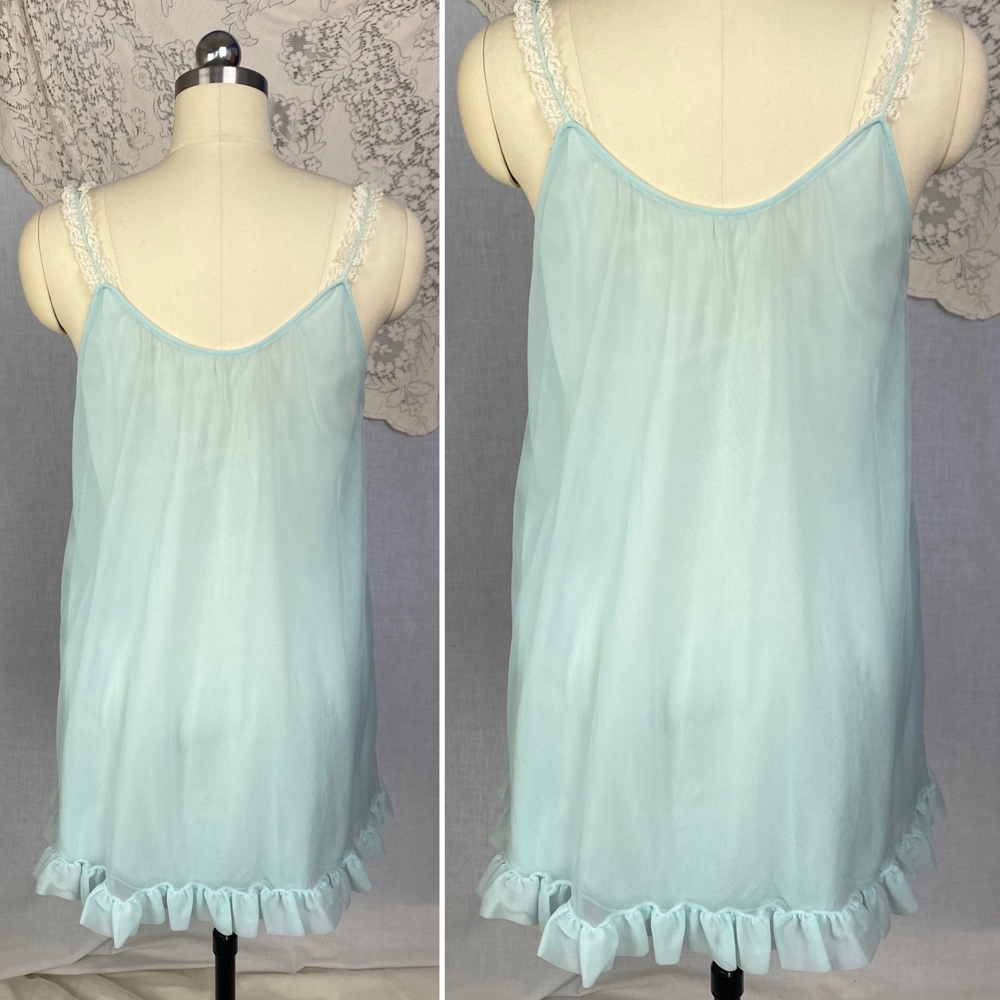 Vintage 1960&#39;s Babydoll Nightgown | Sky Blue Nylon Chiffon with Floral Embroidery & Ruffled Hem | Size XS, S | Kayser