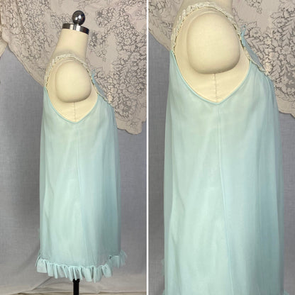Vintage 1960&#39;s Babydoll Nightgown | Sky Blue Nylon Chiffon with Floral Embroidery & Ruffled Hem | Size XS, S | Kayser