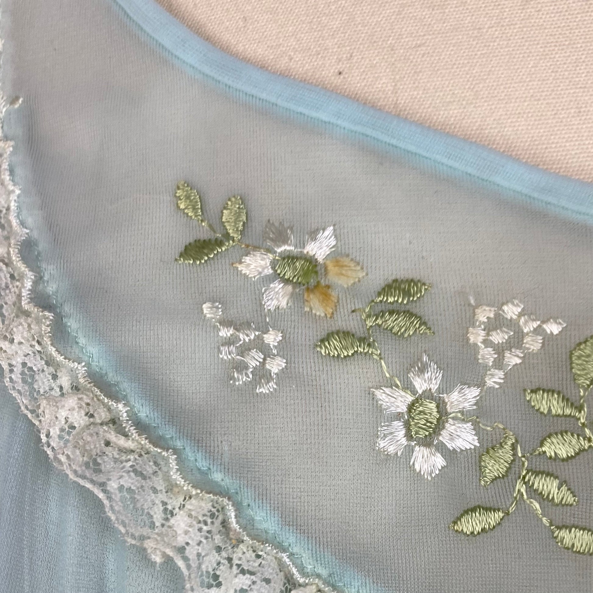 Vintage 1960&#39;s Babydoll Nightgown | Sky Blue Nylon Chiffon with Floral Embroidery & Ruffled Hem | Size XS, S | Kayser
