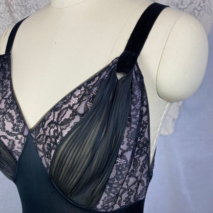 Vintage 1960's Nightgown | Black Nylon with Sheer Lace Illusion Panels over Pink | Size XS, S | Rogers