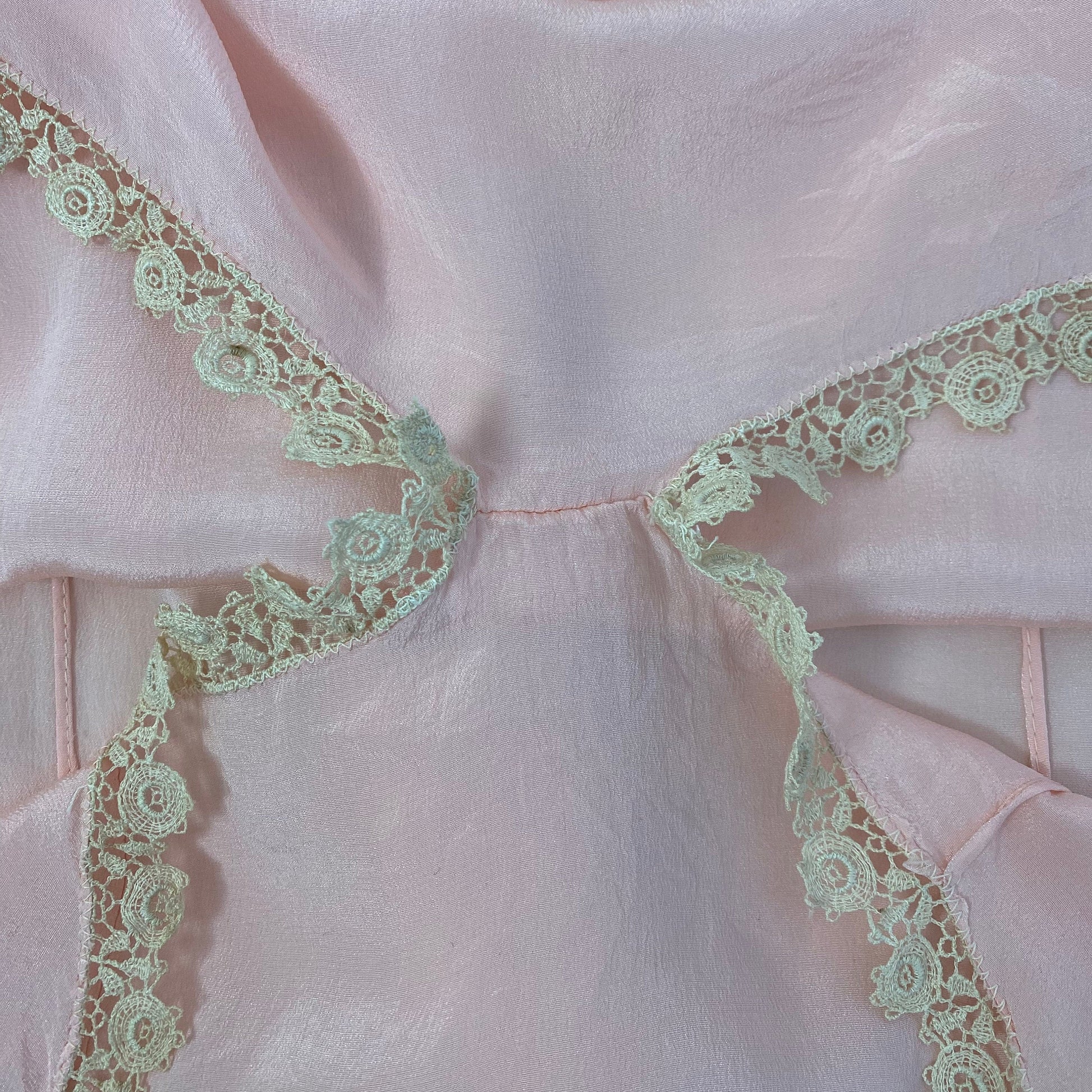 Antique 1920&#39;s Step-in Chemise | Petal Pink Silk with Cream Bobbin Lace Appliqués | Size 38 Bust, M, LG