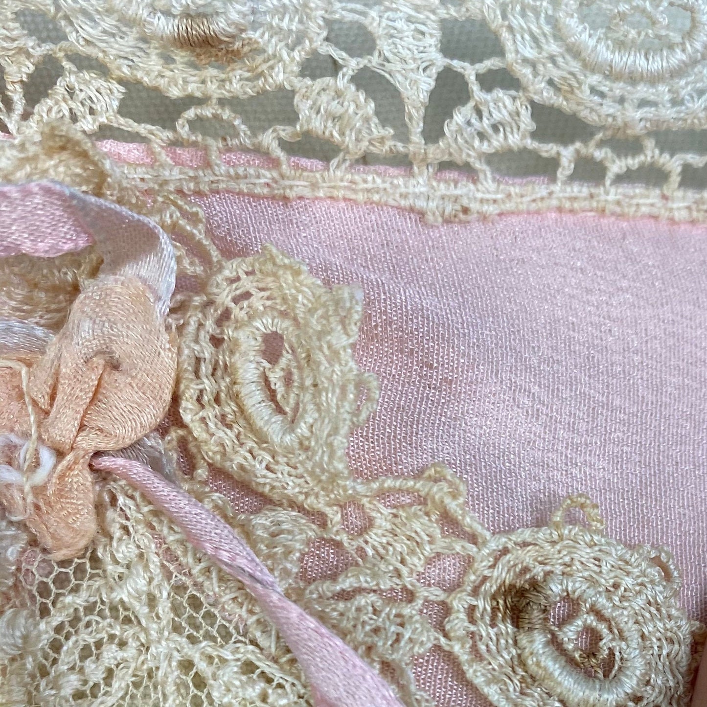 Antique 1920&#39;s Step-in Chemise | Petal Pink Silk with Cream Bobbin Lace Appliqués | Size 38 Bust, M, LG
