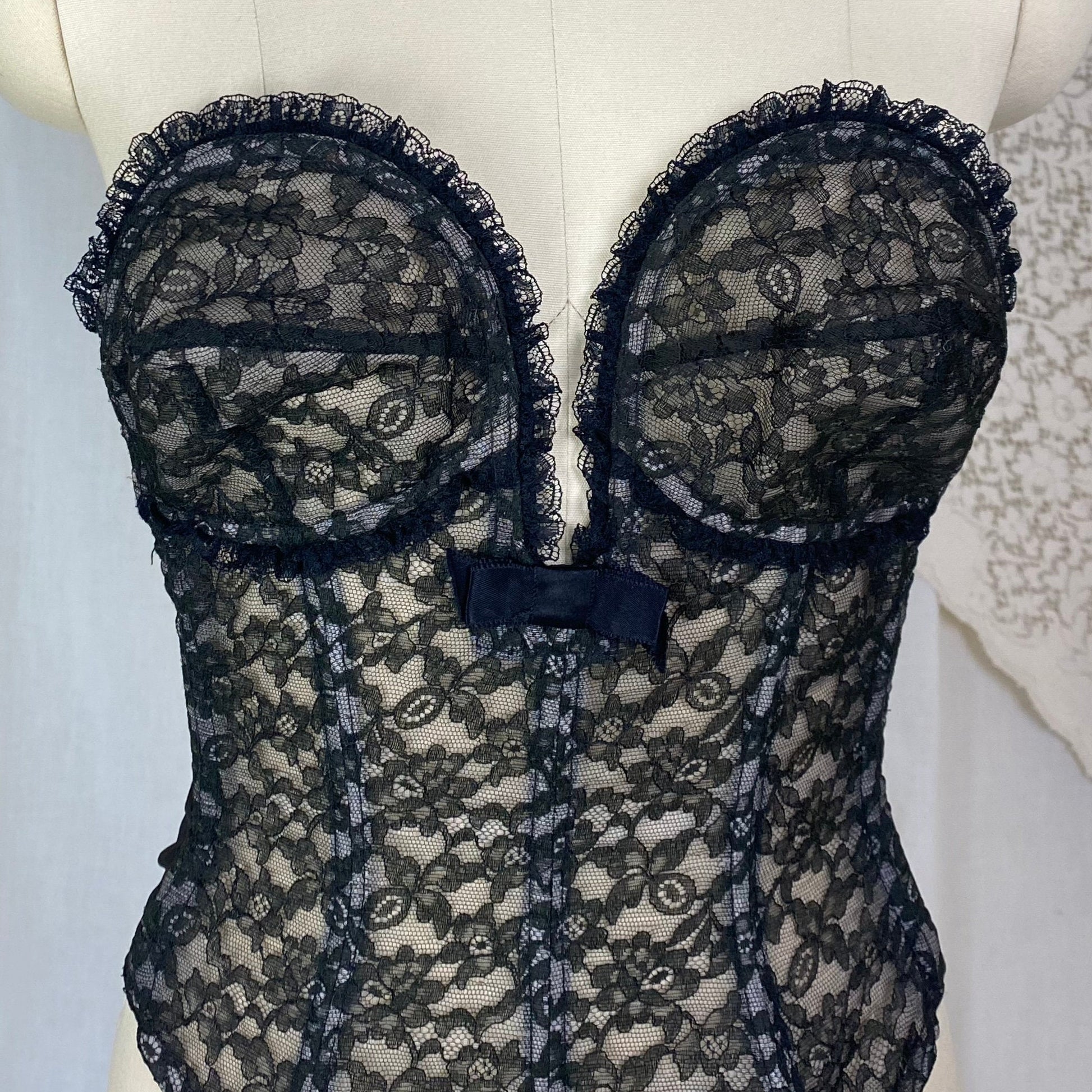 Vintage 1950's Overwire Bustier | Sheer Black Floral Lace Illusion over Pale Nude | Size 34 B, C | Flexee's