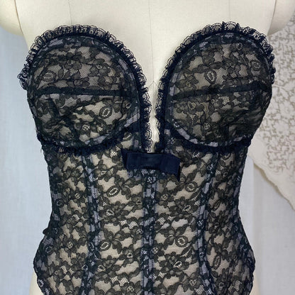 Vintage 1950's Overwire Bustier | Sheer Black Floral Lace Illusion over Pale Nude | Size 34 B, C | Flexee's
