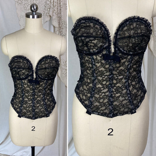 Vintage 1950's Overwire Bustier | Sheer Black Floral Lace Illusion over Pale Nude | Size 34 B, C | Flexee's