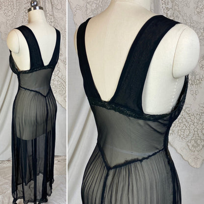 Vintage 1940's Nightgown | Very Sheer Black Silk Chiffon with Cotton Lace | Size S, M, LG