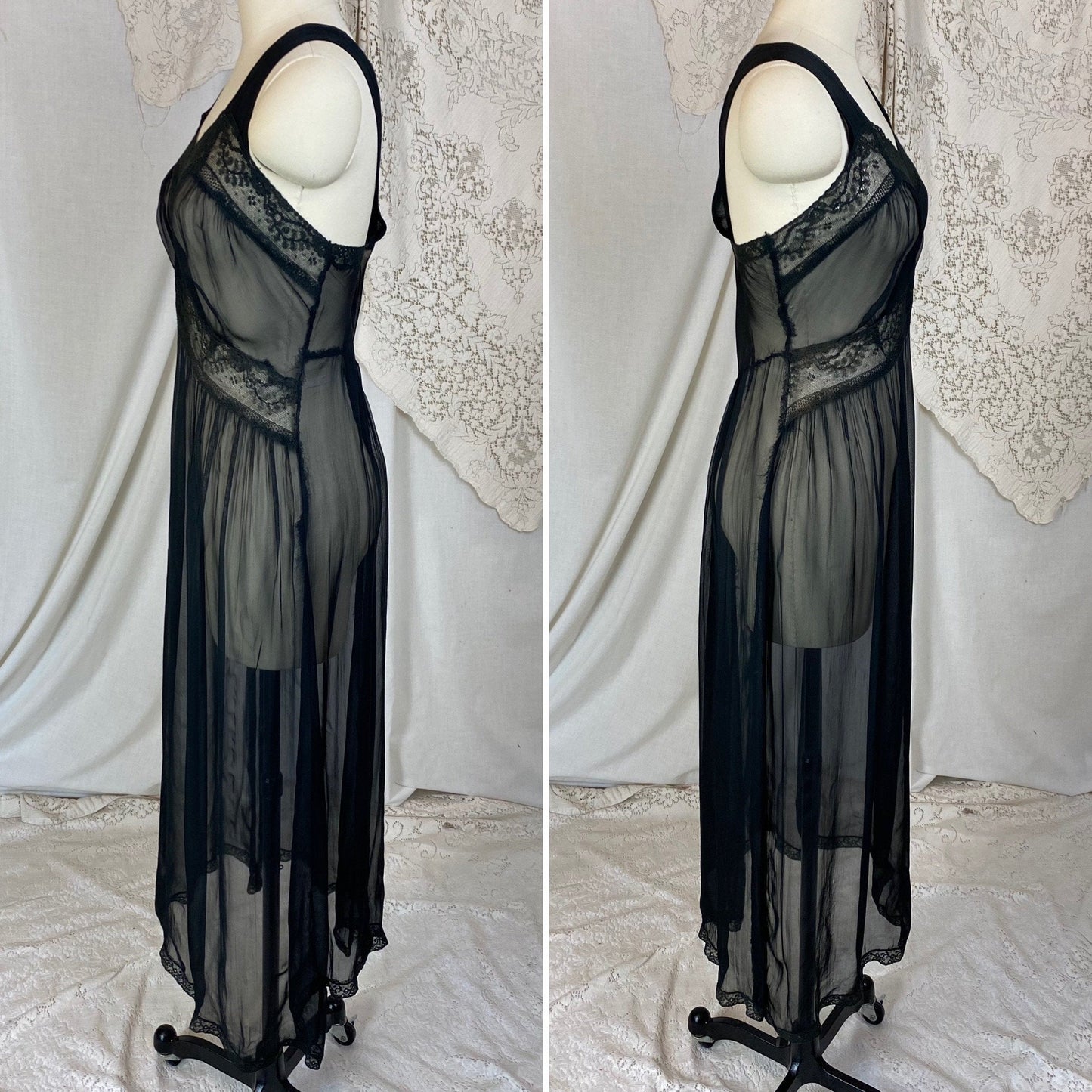 Vintage 1940's Nightgown | Very Sheer Black Silk Chiffon with Cotton Lace | Size S, M, LG