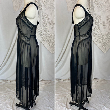 Vintage 1940's Nightgown | Very Sheer Black Silk Chiffon with Cotton Lace | Size S, M, LG