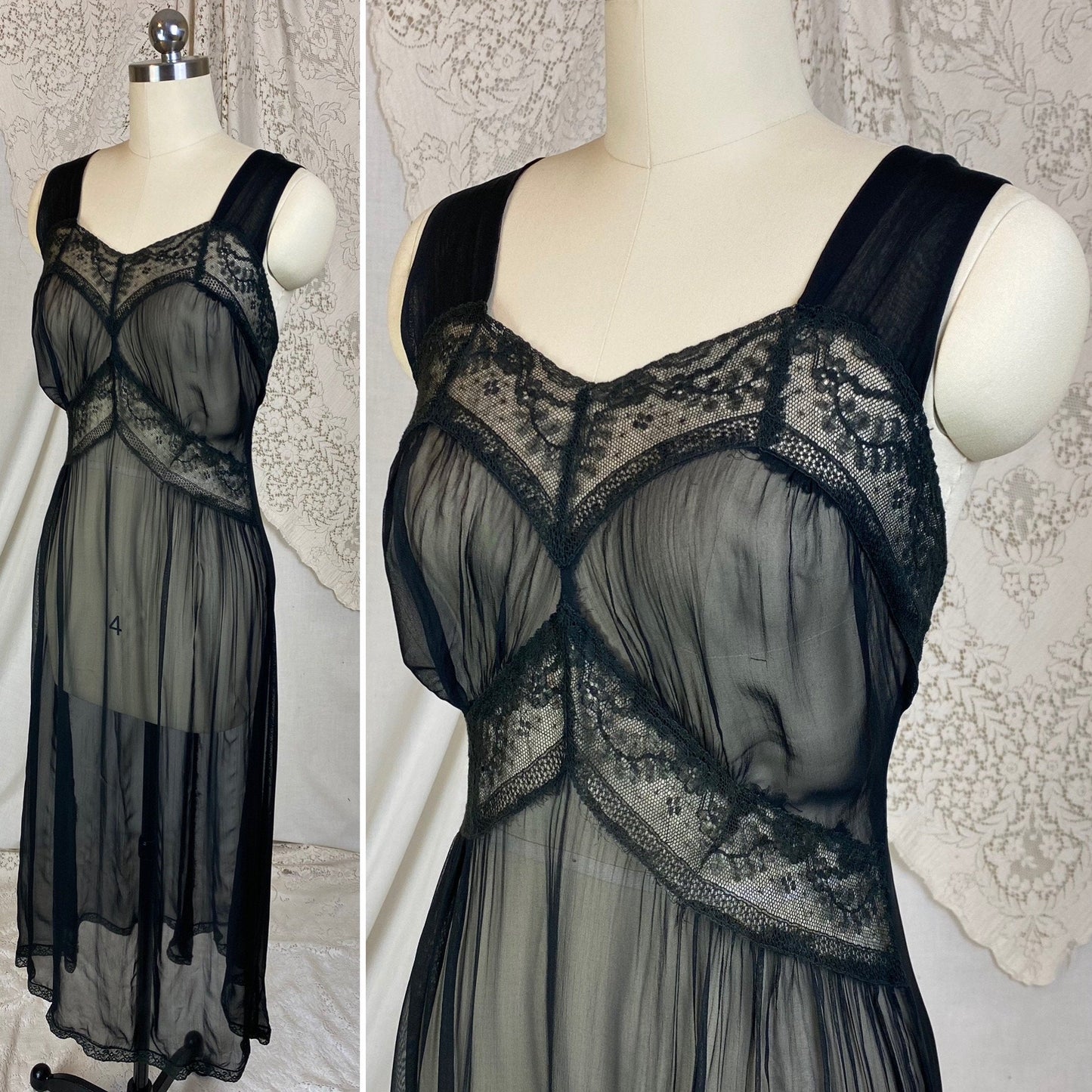 Vintage 1940's Nightgown | Very Sheer Black Silk Chiffon with Cotton Lace | Size S, M, LG