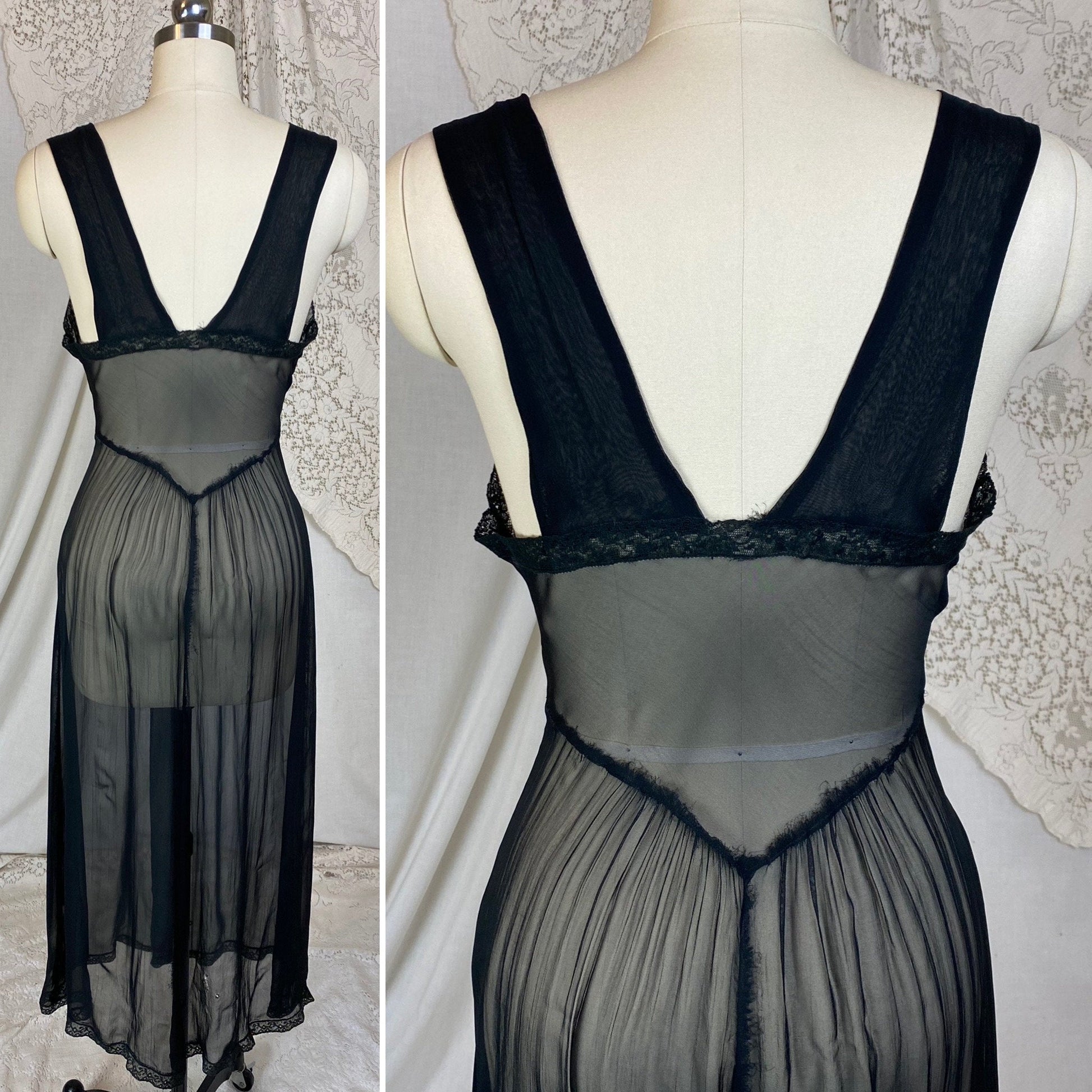 Vintage 1940's Nightgown | Very Sheer Black Silk Chiffon with Cotton Lace | Size S, M, LG