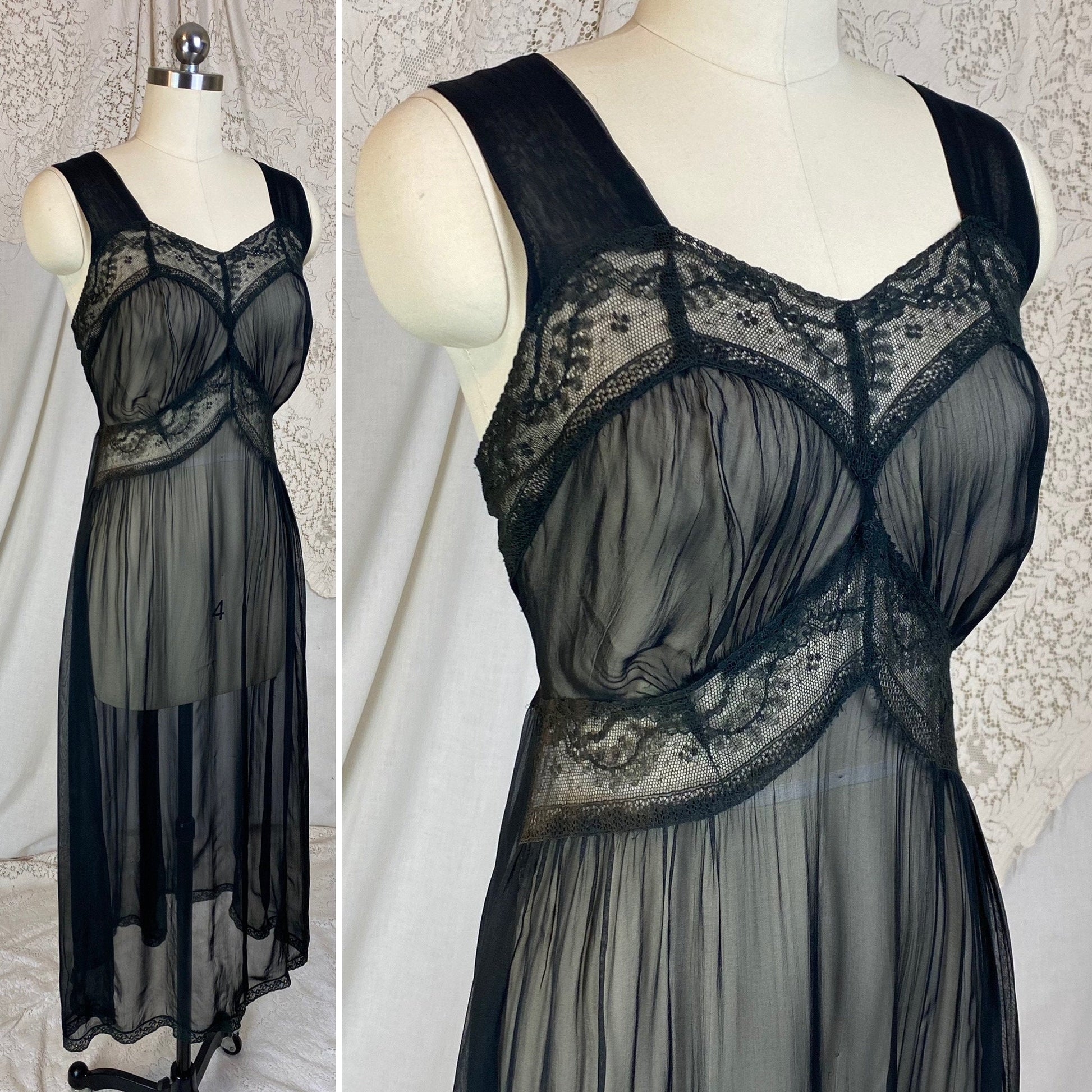 Vintage 1940's Nightgown | Very Sheer Black Silk Chiffon with Cotton Lace | Size S, M, LG