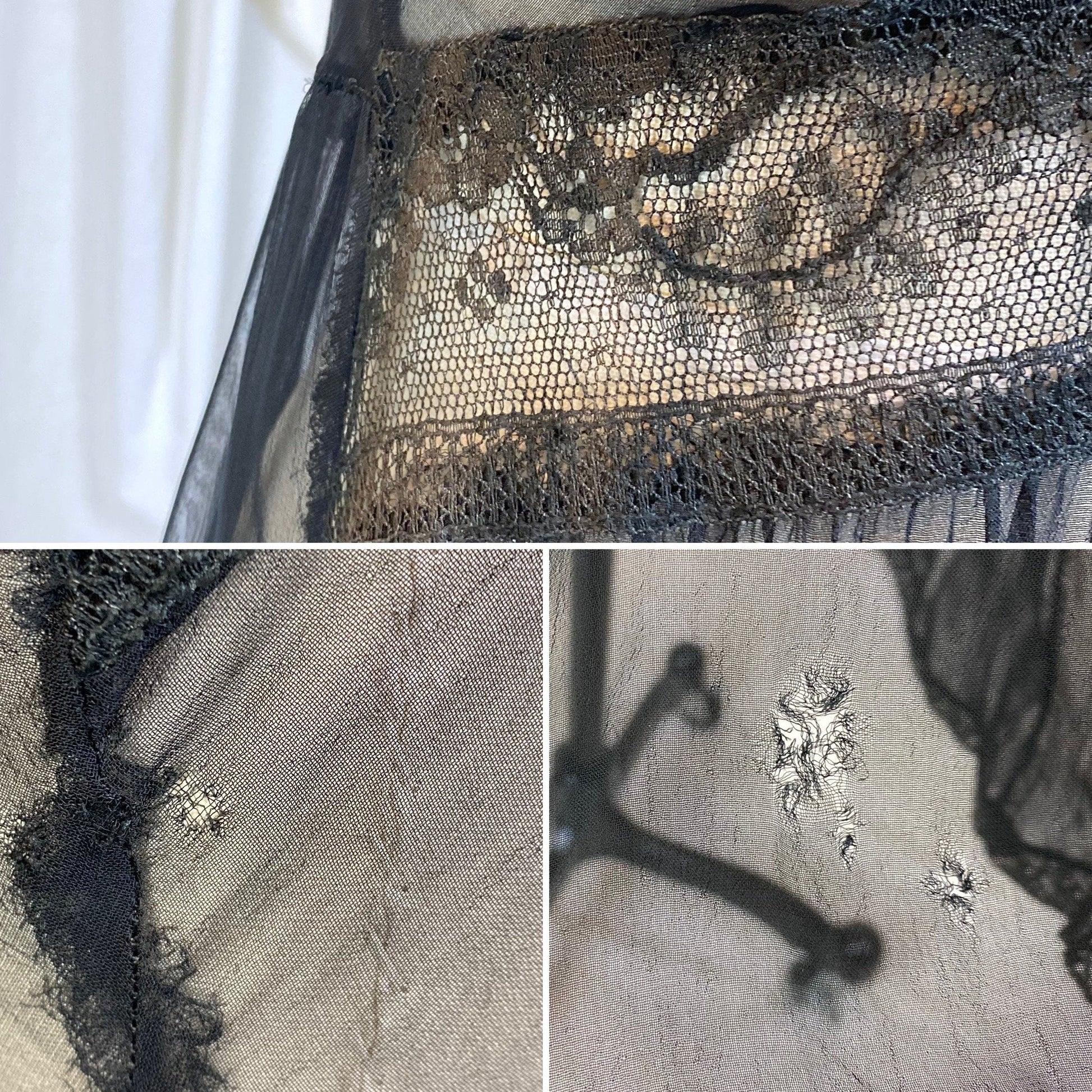 Vintage 1940's Nightgown | Very Sheer Black Silk Chiffon with Cotton Lace | Size S, M, LG