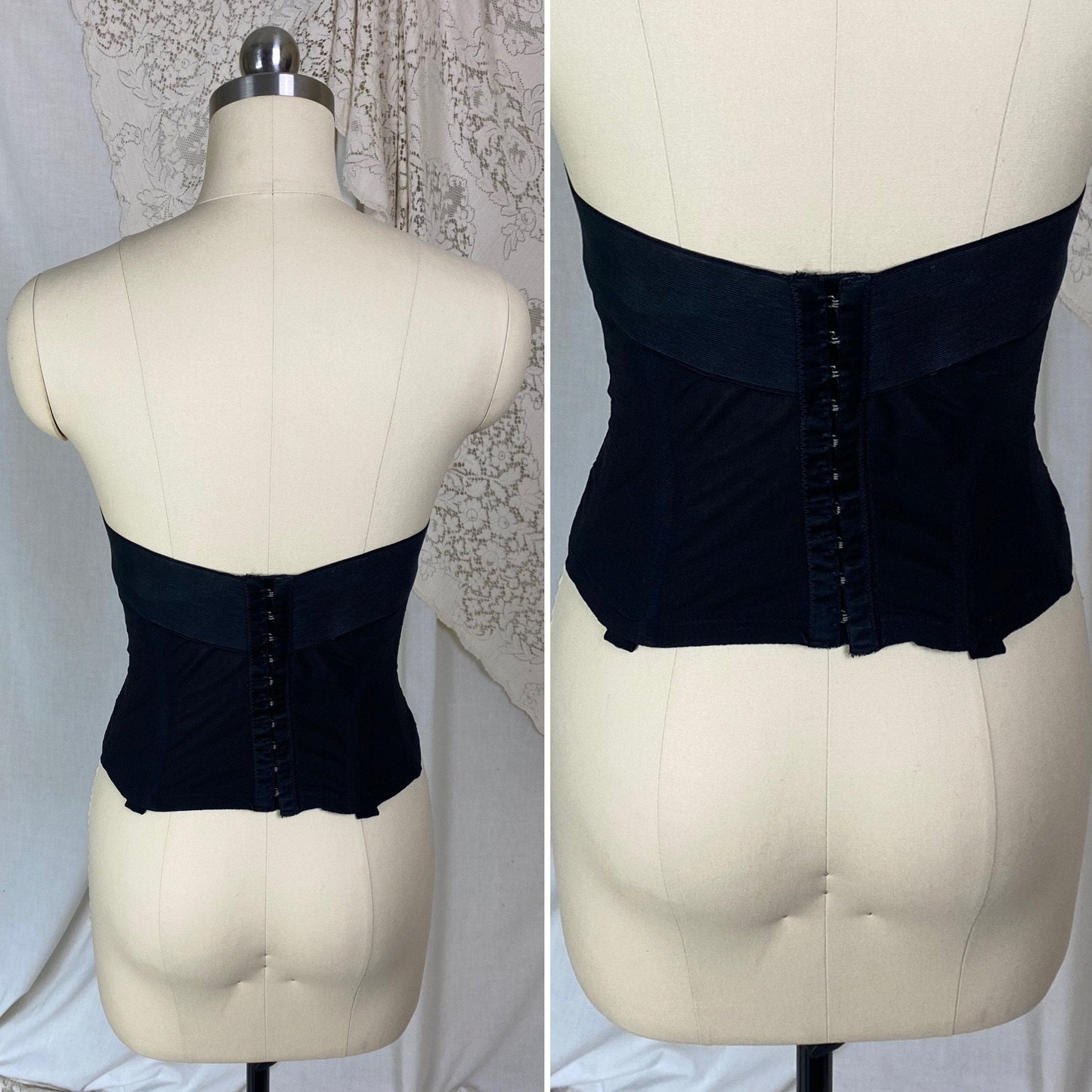 Vintage 1950's Overwire Bustier | Sheer Black Floral Lace Illusion over Pale Nude | Size 34 B, C | Flexee's