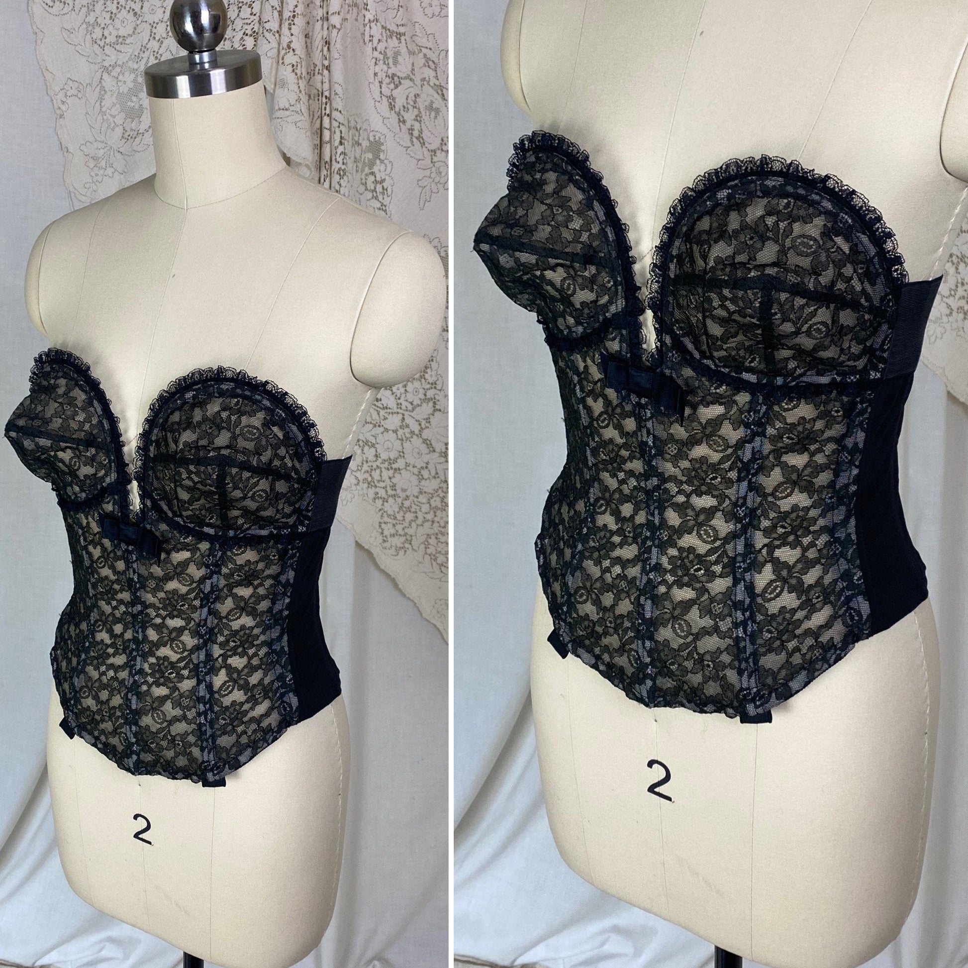 Vintage 1950's Overwire Bustier | Sheer Black Floral Lace Illusion over Pale Nude | Size 34 B, C | Flexee's
