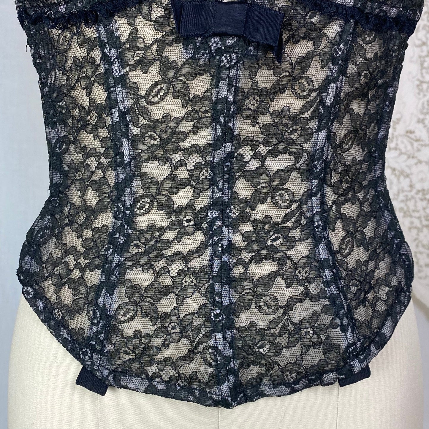 Vintage 1950's Overwire Bustier | Sheer Black Floral Lace Illusion over Pale Nude | Size 34 B, C | Flexee's