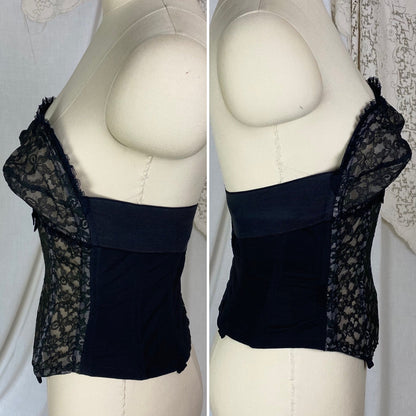 Vintage 1950's Overwire Bustier | Sheer Black Floral Lace Illusion over Pale Nude | Size 34 B, C | Flexee's
