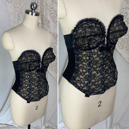 Vintage 1950's Overwire Bustier | Sheer Black Floral Lace Illusion over Pale Nude | Size 34 B, C | Flexee's