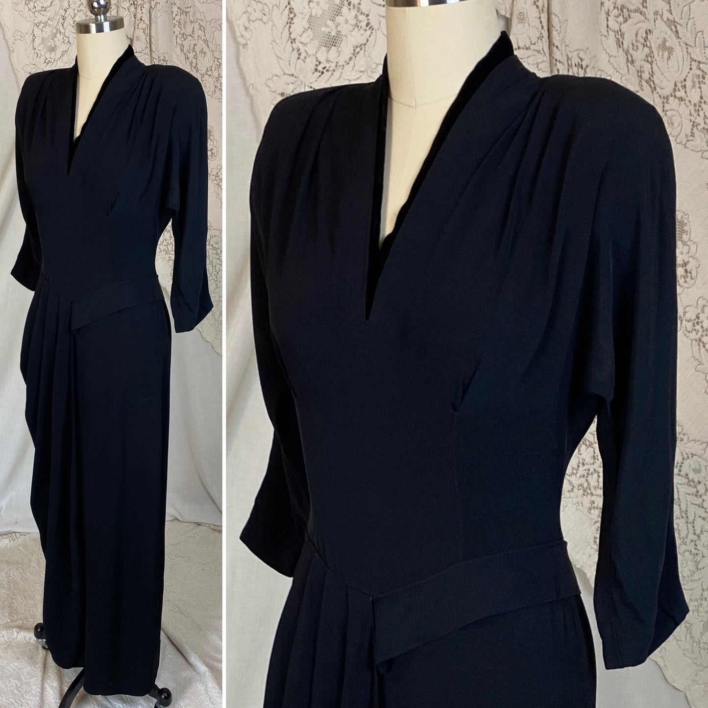 Vintage 1940's Maxi Dress | Black Rayon Crepe with Velvet Neckline | Size S, M