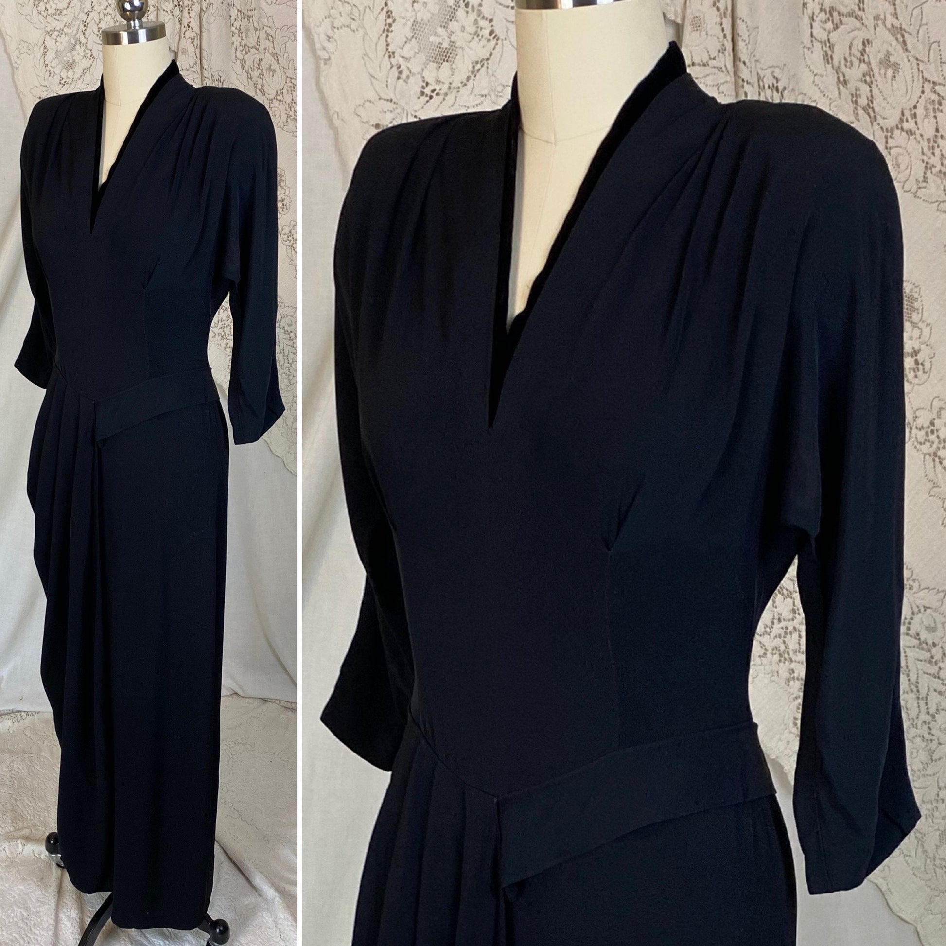 Vintage 1940's Maxi Dress | Black Rayon Crepe with Velvet Neckline | Size S, M