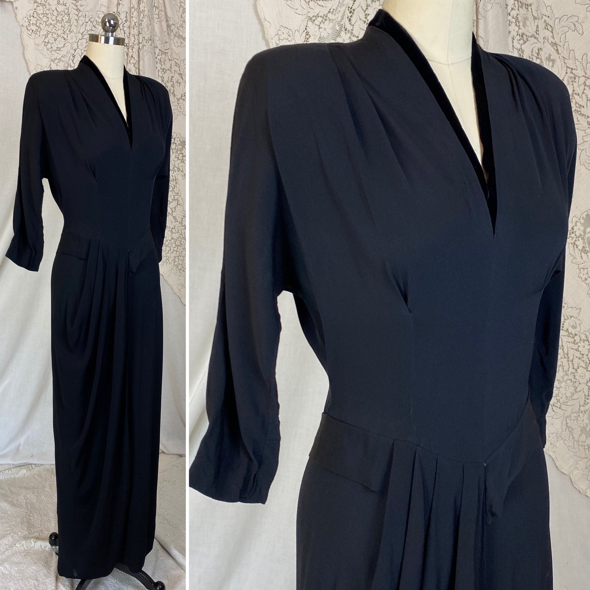 Vintage 1940's Maxi Dress | Black Rayon Crepe with Velvet Neckline | Size S, M