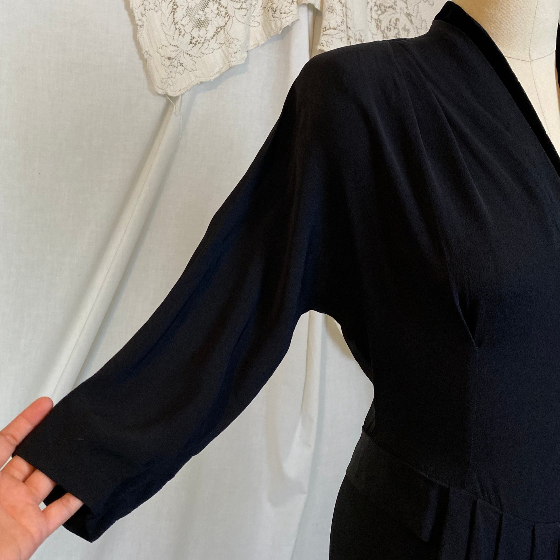 Vintage 1940's Maxi Dress | Black Rayon Crepe with Velvet Neckline | Size S, M