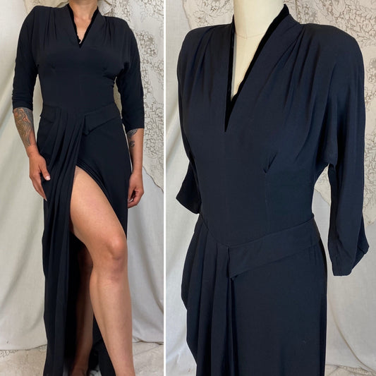 Vintage 1940's Maxi Dress | Black Rayon Crepe with Velvet Neckline | Size S, M