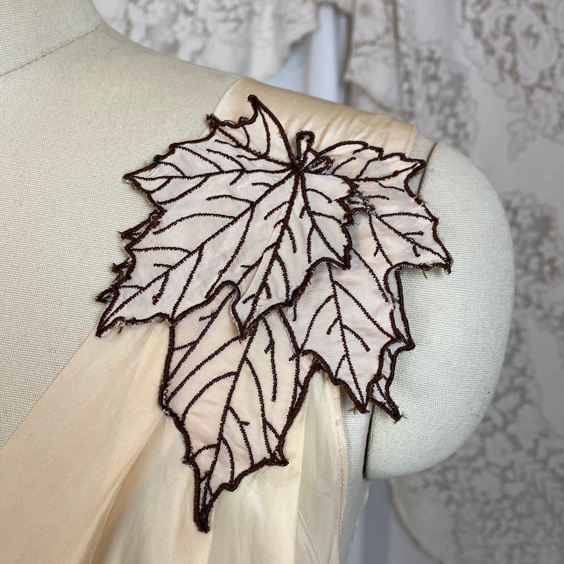 Vintage 1940's Nightgown | Buttermilk Cream Rayon with Embroidered Leaf Appliques | Size XS | Artemis