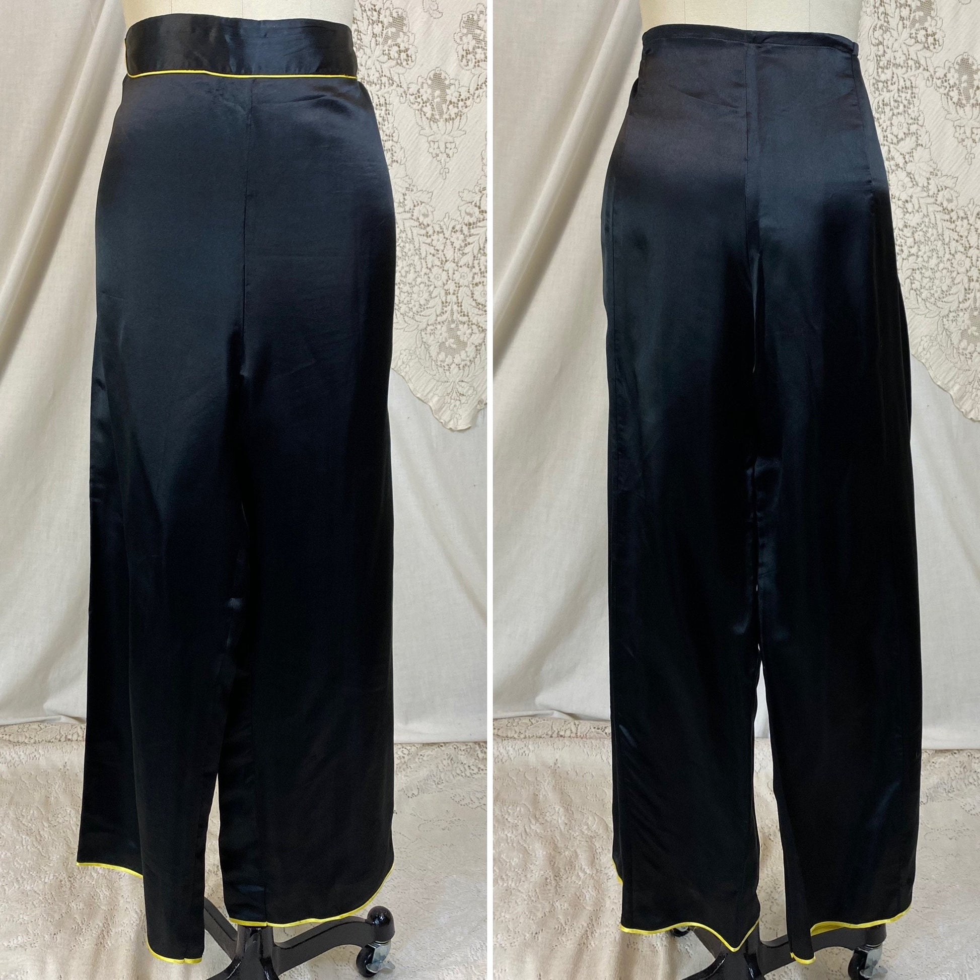 Vintage 1950's Lounge Pajama Set | Black Silk with Yellow &  White Embroidery | Size S, M
