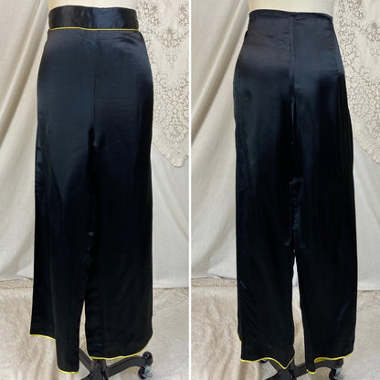 Vintage 1950's Lounge Pajama Set | Black Silk with Yellow &  White Embroidery | Size S, M