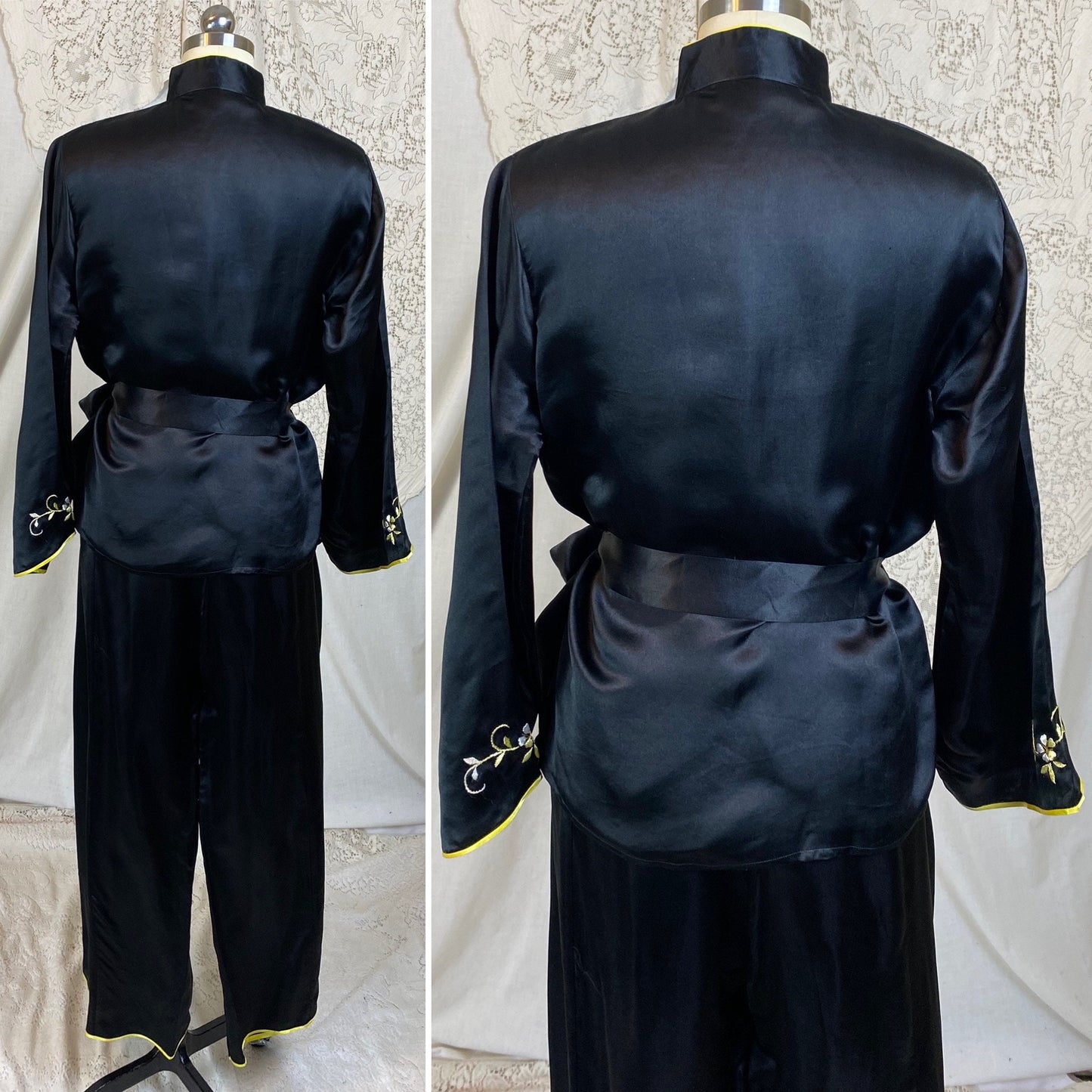 Vintage 1950's Lounge Pajama Set | Black Silk with Yellow &  White Embroidery | Size S, M