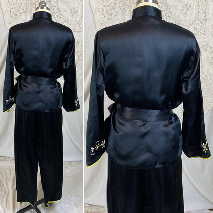 Vintage 1950's Lounge Pajama Set | Black Silk with Yellow &  White Embroidery | Size S, M