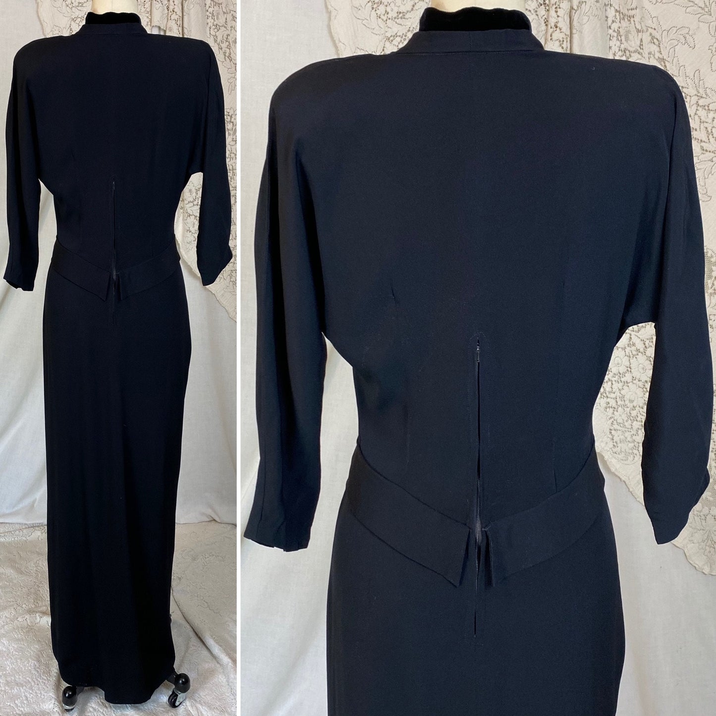 Vintage 1940's Maxi Dress | Black Rayon Crepe with Velvet Neckline | Size S, M